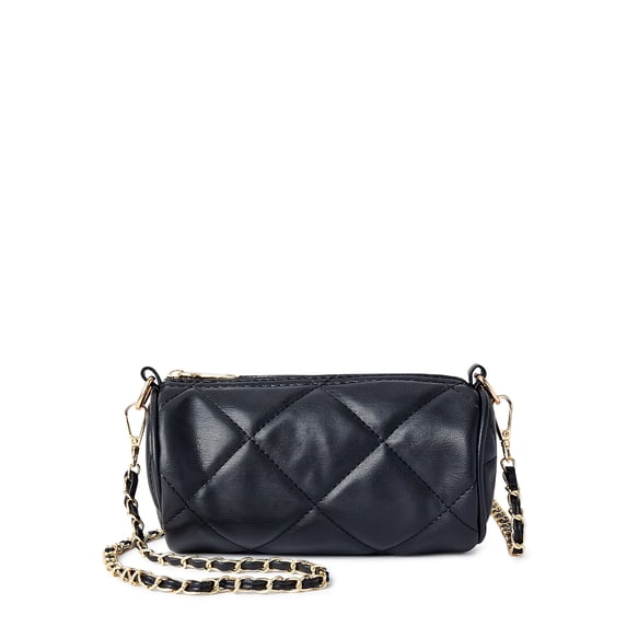 Jane & Berry Women's Small Quilted Faux Leather Barrel Bag with Gold-Tone Chain Strap, Black