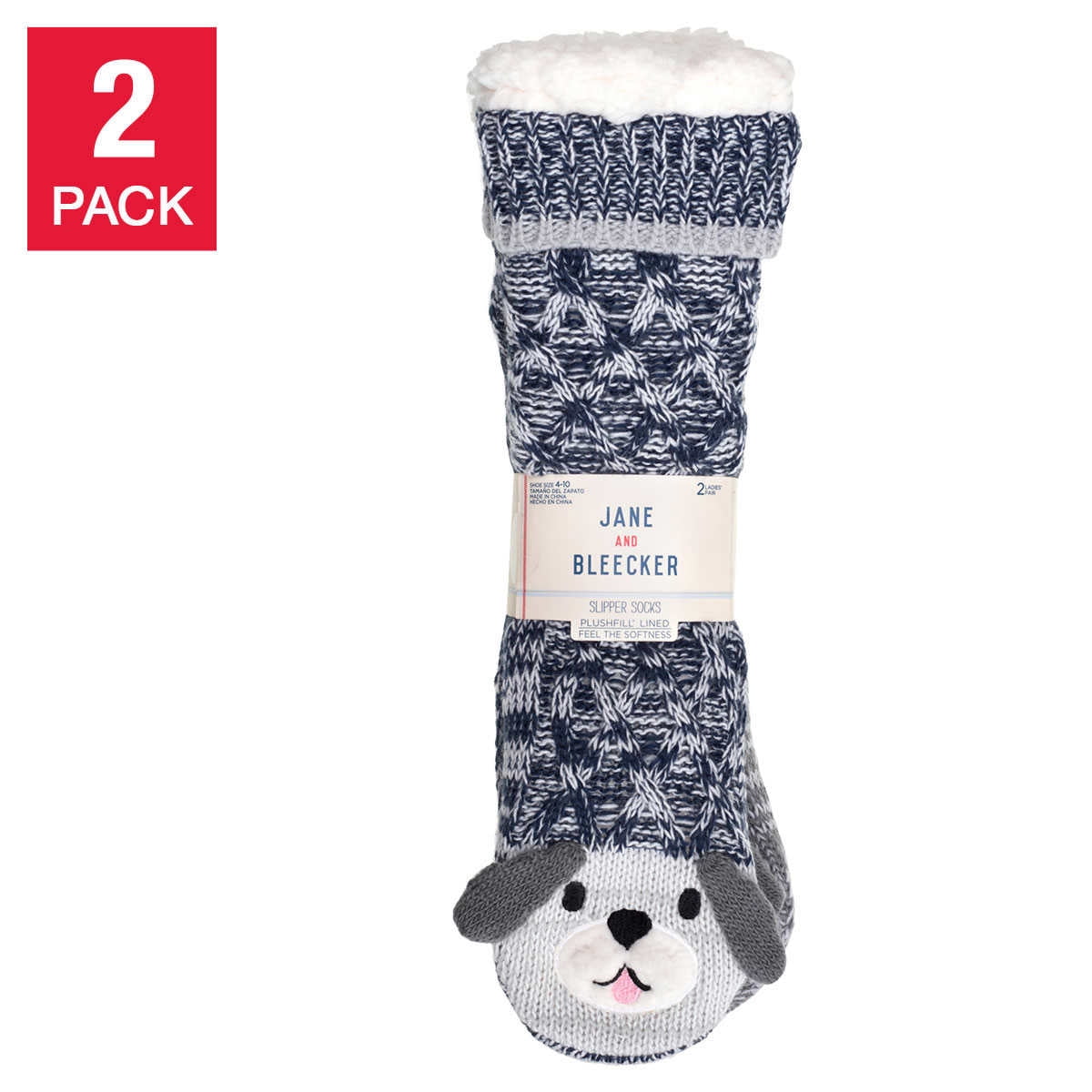 Jane & Bleecker Plushfill Lined 2-Pairs Knit Slipper Socks Navy Dog and ...