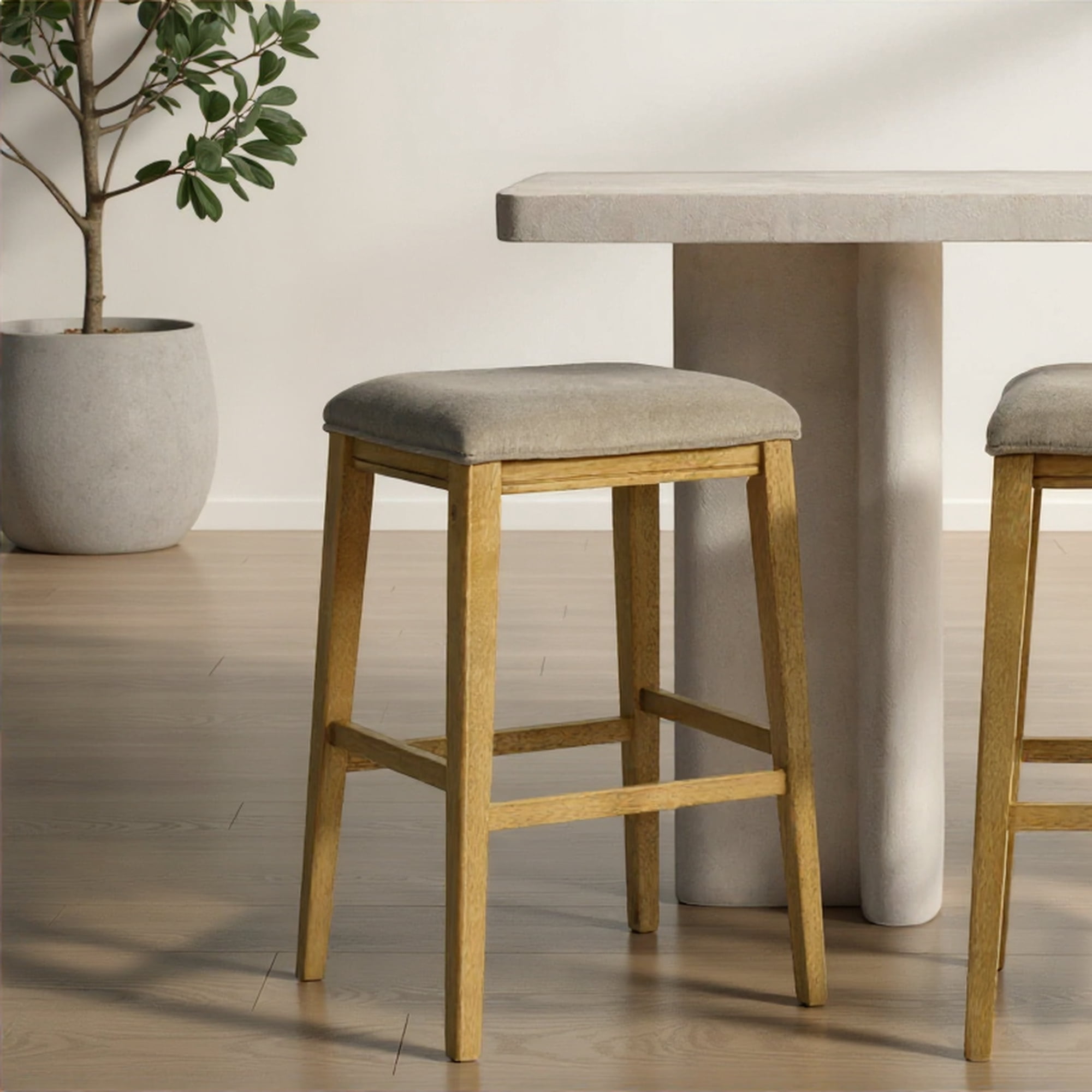 Jane Contemporary Transitional Wood Bar Height Kitchen Bar Stool in Amber Glow Finish with Taupe Fabric Upholstered Seat - Set of 2