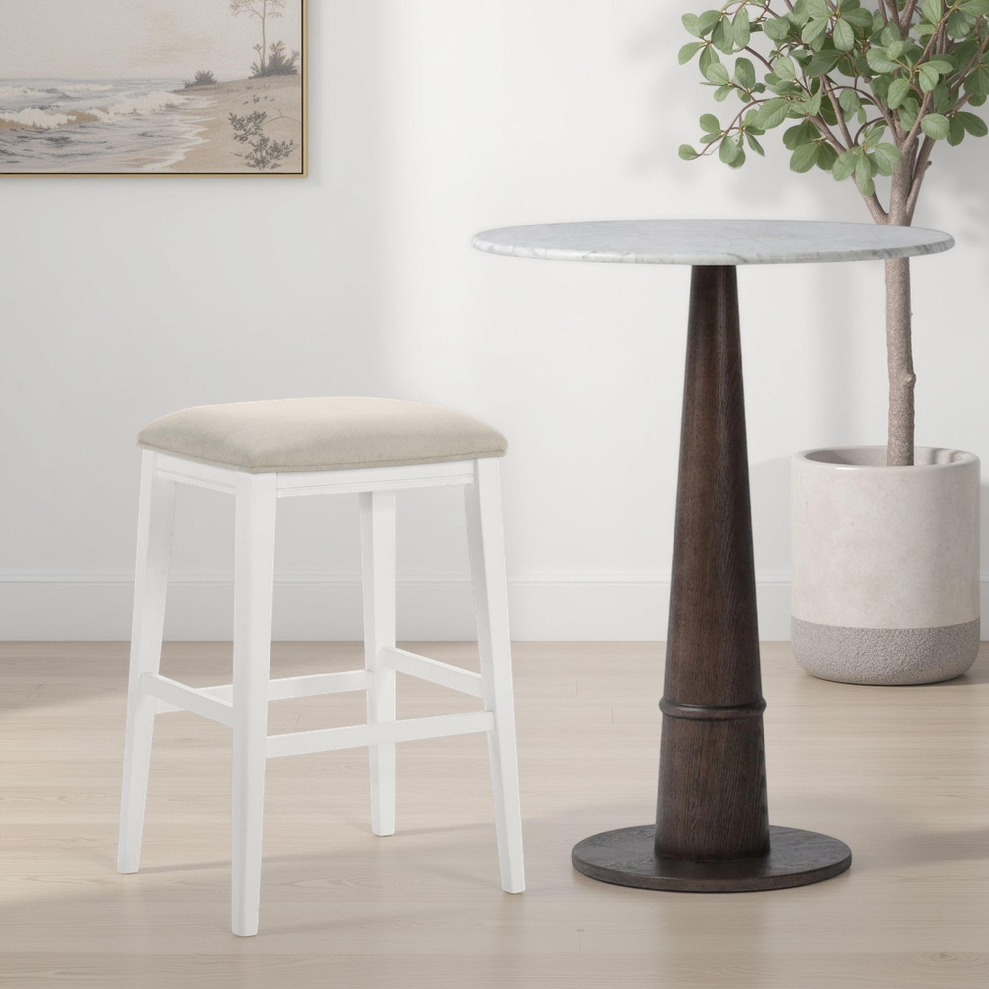 Jane Contemporary Transitional Wood Bar Height Kitchen Bar Stool in White Finish with Cream Fabric Upholstered Seat