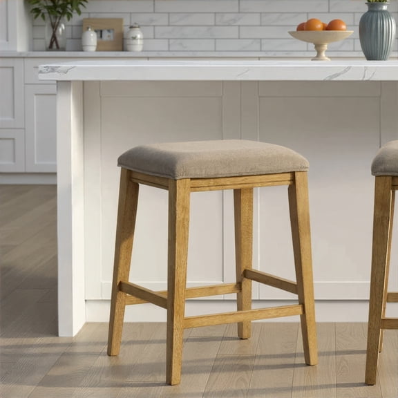Jane Contemporary Transitional Wood Counter Height Kitchen Bar Stool in Amber Glow Finish with Taupe Fabric Upholstered Seat - Set of 3