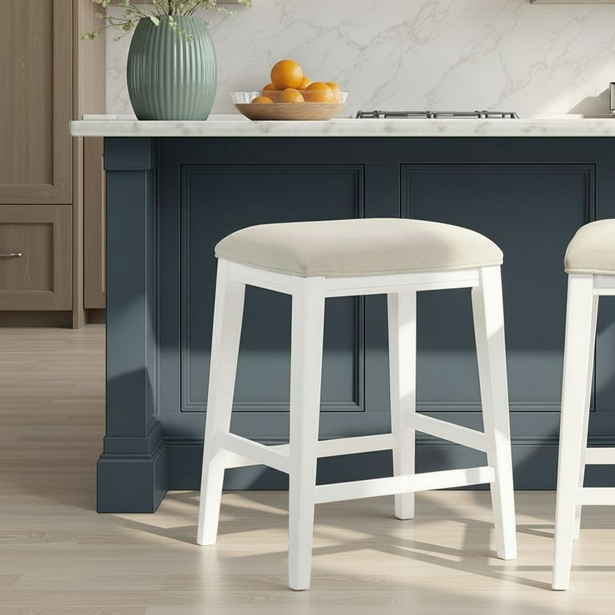 Jane Contemporary Transitional Wood Counter Height Kitchen Bar Stool in White Finish with Cream Fabric Upholstered Seat
