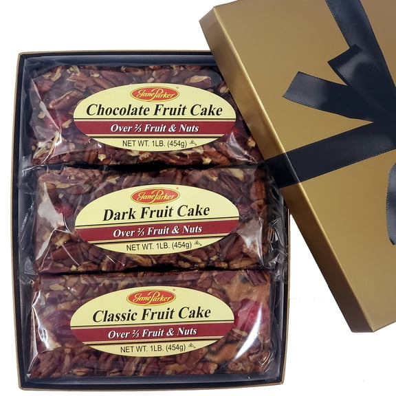 Jane Parker Fruitcake Triple Delight Fruit Cake Assortment, 3 Pound Gift Box, Chocolate, Dark, Classic (Packaging may vary)