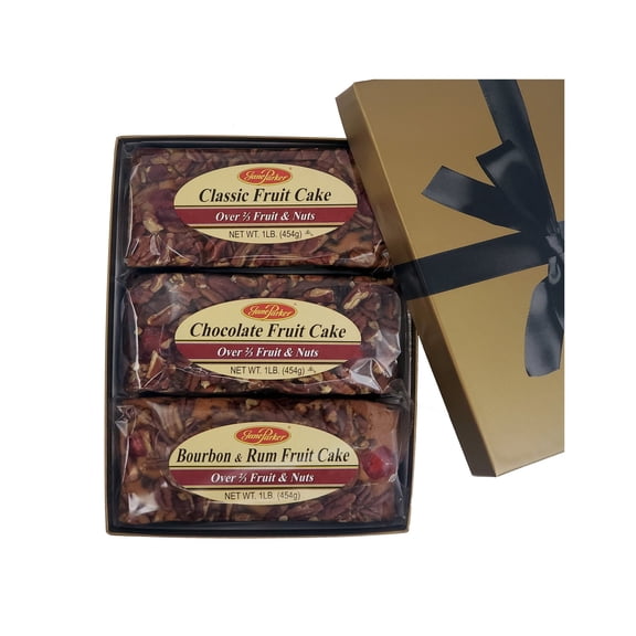 Jane Parker Fruitcake Triple Delight Fruit Cake Assortment, 3 Pound Gift Box, Classic, Chocolate, Bourbon & Rum (Packaging may vary)