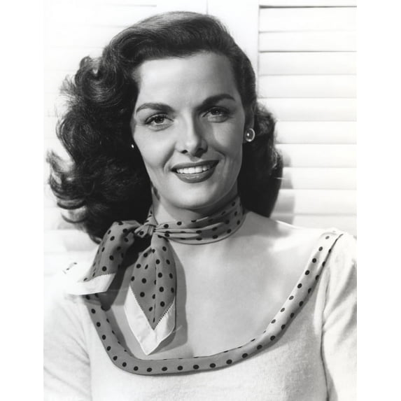 Jane Russell Portrait In White Scoop-Neck Long Sleeve Dress and Polka Dot Neckerchief with Pearl Earrings Photo Print (8 x 10)