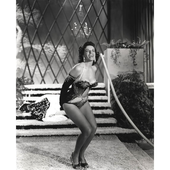 Jane Russell Posed in Black Velvet One Piece Sexy Suit and Black Shoes with Knees Bent and Hands Behind the rear Photo Print (8 x 10)