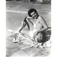 thumbnail image 1 of Jane Russell Posed sitting on the Pool in White One Piece Swimsuit with Right Knee Bent while the Left Hand Touching a Ball Photo Print (24 x 30), 1 of 1