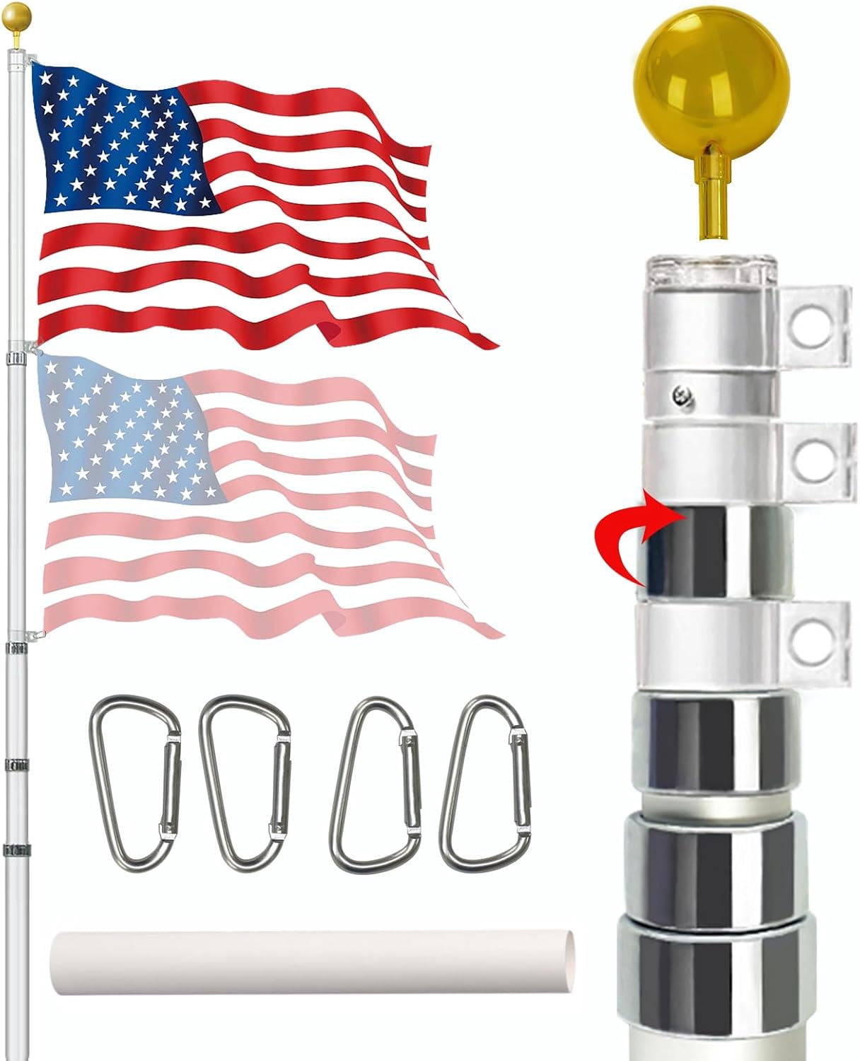 Jane Stone 20FT Telescopic Flag Pole Kit for Outdoor in Ground, Extra Thick Black Telescoping Flagpole with 3X5FT US Flag Golden Ball Finial for Residential or Commercial with Dual Flag Jane Stone，