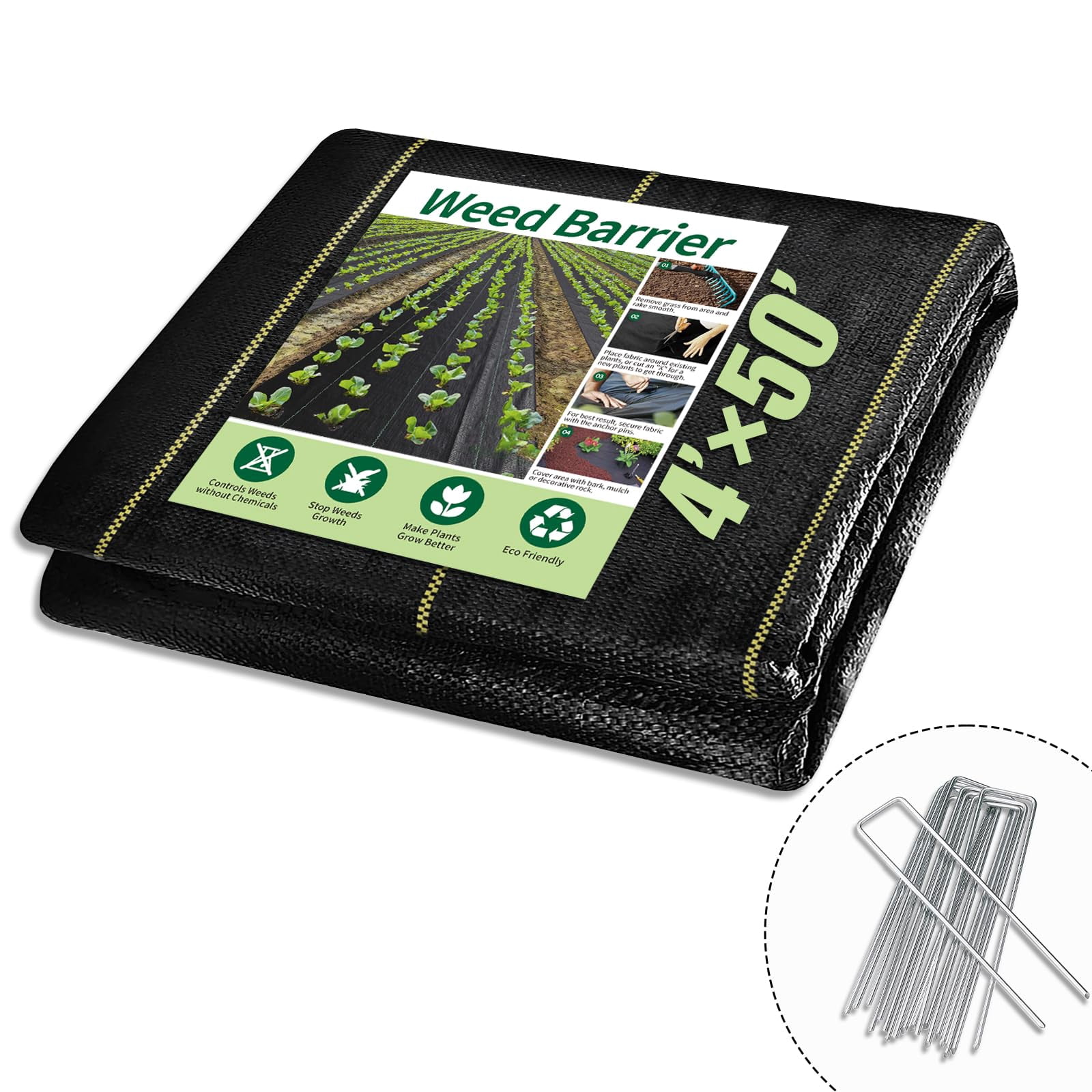 Jane Stone 4ft x 50ft Heavy Duty Weed Barrier Fabric, 6oz Tear Resistant Woven Landscape Fabric with Garden Staples for Lawn, Pathway, Garden Landscaping