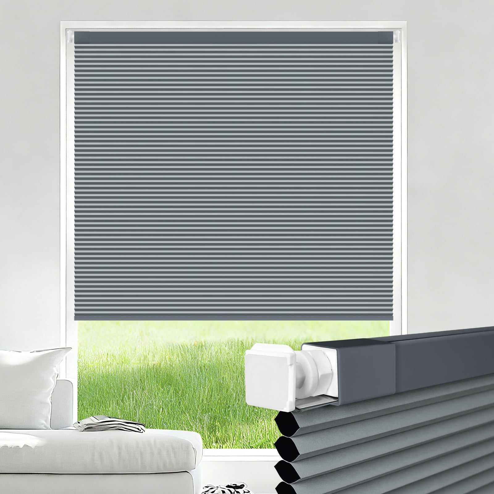Jane Stone No Drill 34"x48" Blackout Cellular Shades, Cordless Free Stop Honeycomb Blinds, Thermal Insulating & Noise Reducing, Dark Gray
