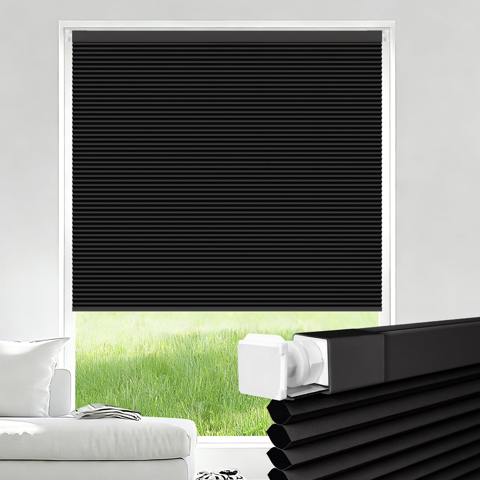 Jane Stone No Drill 34x48" Blackout Cellular Shades, Cordless Free Stop Honeycomb Blinds, Thermal Insulating & Noise Reducing Window Blinds, Black