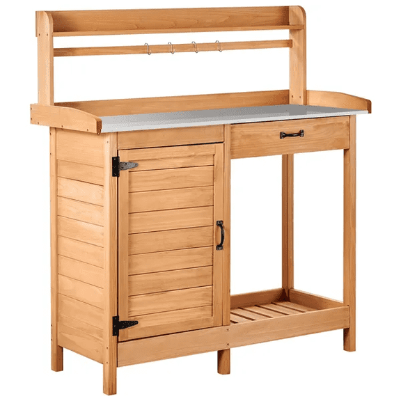 Jane Stone Outdoor Garden Potting Bench Table, 46" L Wooden Potting Table Work Bench for Horticulture, Waterproof Workstation Table with Metal Tabletop/Cabinet/Drawer/Open Shelf