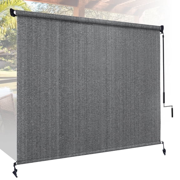 Jane Stone Outdoor Roller Shades 6'W x8'H Cordless Roll Up Blinds with Valance, Exterior Shade Cloth Roll for Patio Porch Pergola,Gray