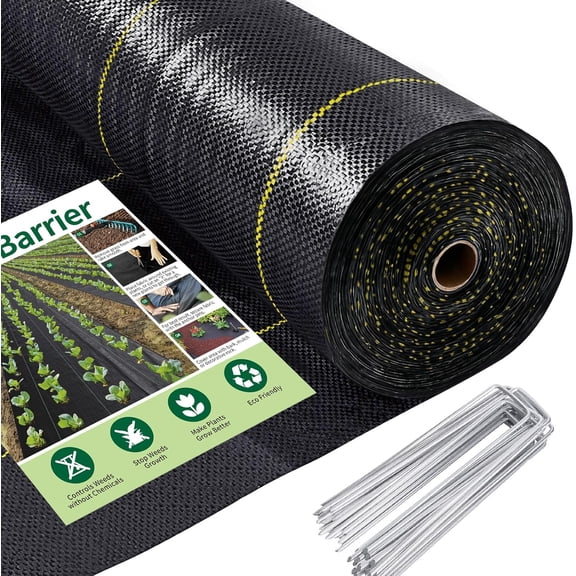Jane Stone Premium 4FT x 300FT Weed Barrier Landscape Fabric, 3.5oz Heavy Duty Garden Woven Ground Cloth with Superior Permeability Weed Control Includes 90 Staples