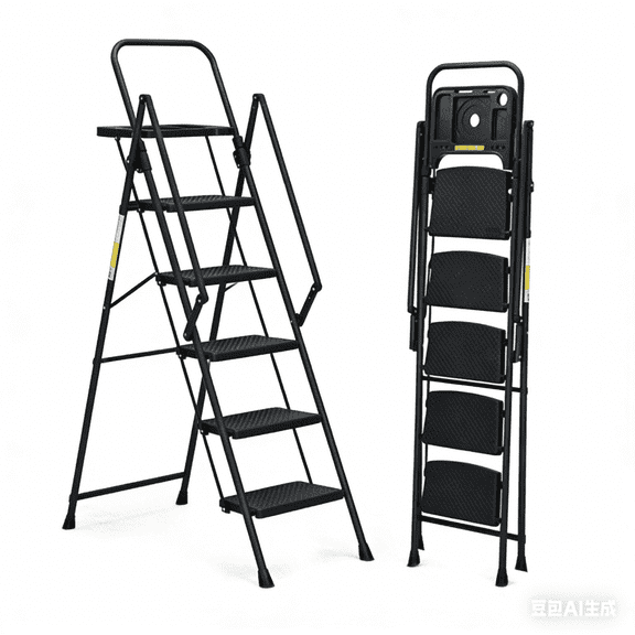 Jane Stone Step Ladder, Folding Step Stool with Wide Anti-Slip Pedal, Sturdy Steel Ladder, Convenient Handrail, Lightweight, Portable Steel Step Stool