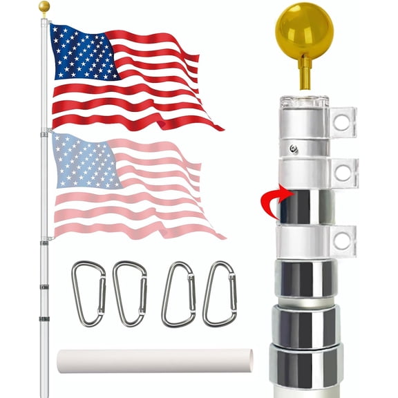 Jane Stone20FT Telescopic Flag Pole Kit for Outdoor in Grond, Extra Thick Silver Telescoping Flagpole with 3X5FT US Flag Golden Ball Finial for Residential or Commercial with Dual Flag Fly