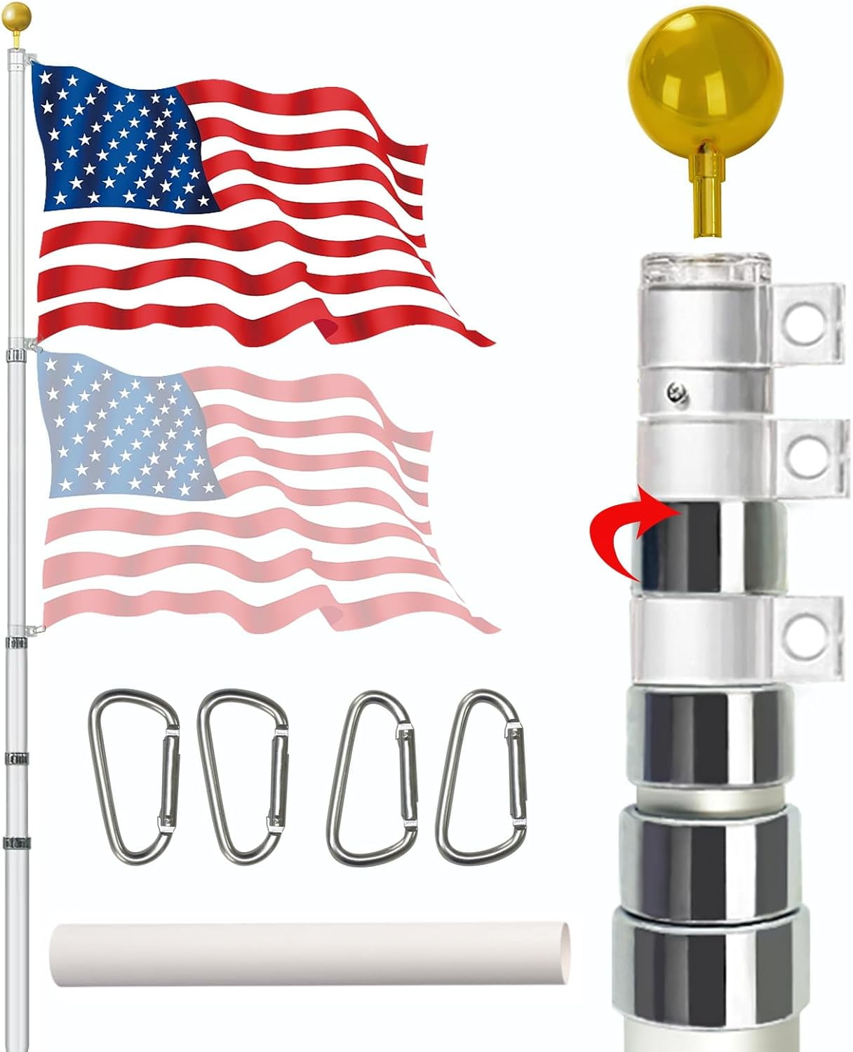 Jane Stone30FT Telescopic Flag Pole Kit for Outdoor in Grond, Extra Thick Silver Telescoping Flagpole with 3X5FT US Flag Golden Ball Finial for Residential or Commercial with Dual Flag Fly