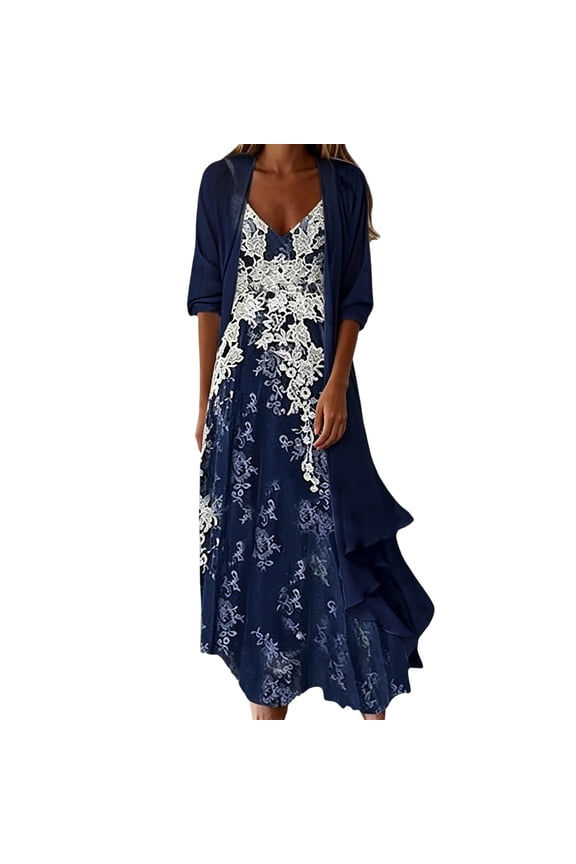 3D Floral Embroidered Maxi Dress Set, V Neck Spaghetti Strap Dress With Ruffle Hem Duster Cardigan, Pink Green Navy Wedding Guest Outfit, 2 Piece, S-M-L-XL-XXL-3XL Plus Size Friendly
