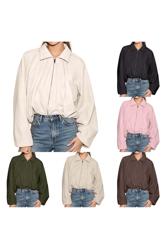 Balloon Sleeve Cropped Bomber Jacket for Women, Turn-Down Collar Zip Up, Double-Layer 4-Way Stretch Polyester Outerwear, 1 Piece, S-L