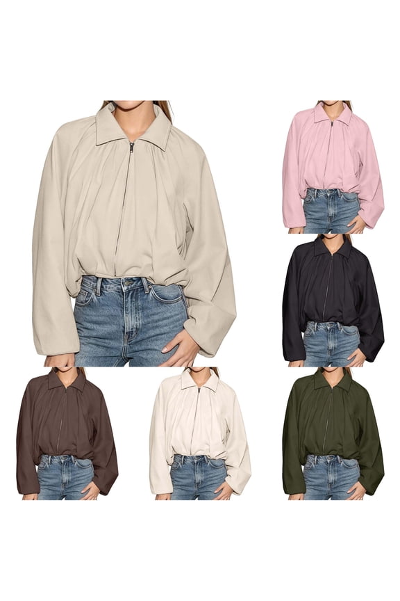 Balloon Sleeve Cropped Bomber Jacket for Women, Turn-Down Collar Zip Up, Double-Layer 4-Way Stretch Polyester Outerwear, 1 Piece, S-L