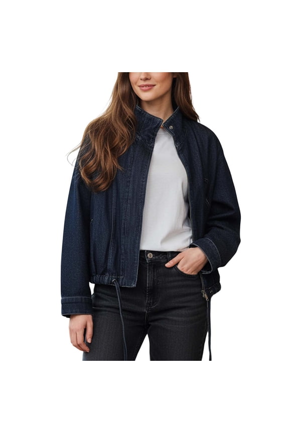Batwing Sleeve Stand Collar Denim Jacket for Women, Adjustable Drawstring Hem Full Zip, Casual Dark Wash Fall Outerwear, 1 Piece, XS-L