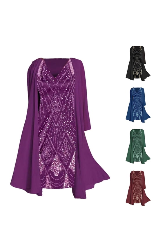 Beaded Chiffon 2 Piece Set for Women, V-Neck Dress with Open Front Cardigan, Formal Evening Outfit, 2 Piece, S-XXL Plus Size Friendly