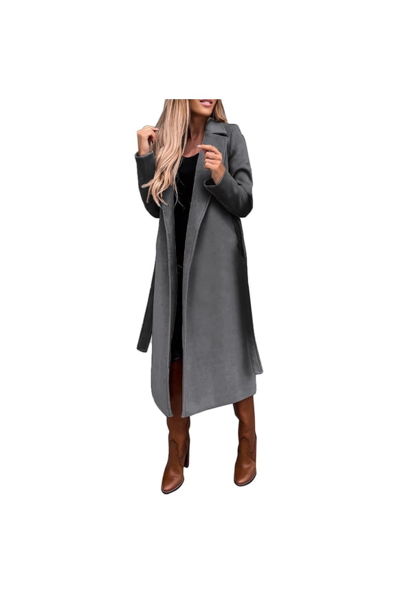 Belted V-Neck Wool Blend Coat for Women, Long Sleeve Wrap Style, Elegant Fall Winter Outerwear, 1 Piece, S-3XL, Plus Size Friendly