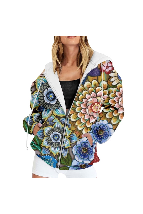 Boho Mandala Floral All Over Print Zip Up Hoodie Women's Oversized Drawstring Pocket Bohemian Layering Jacket 1PC XS-XXXXXL Plus Size Friendly