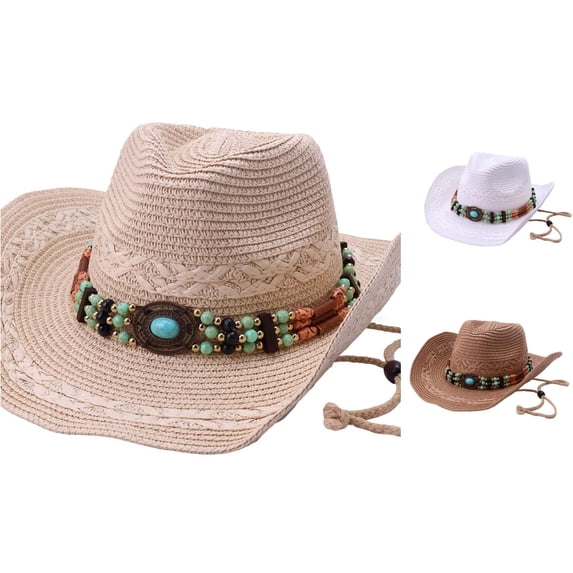 Jane Wardrobe Boho Western Straw Cowboy Hat for Women, Beaded Band with Chin Strap, Panama Style UV Protection Sun Hat, 1 Piece, One Size