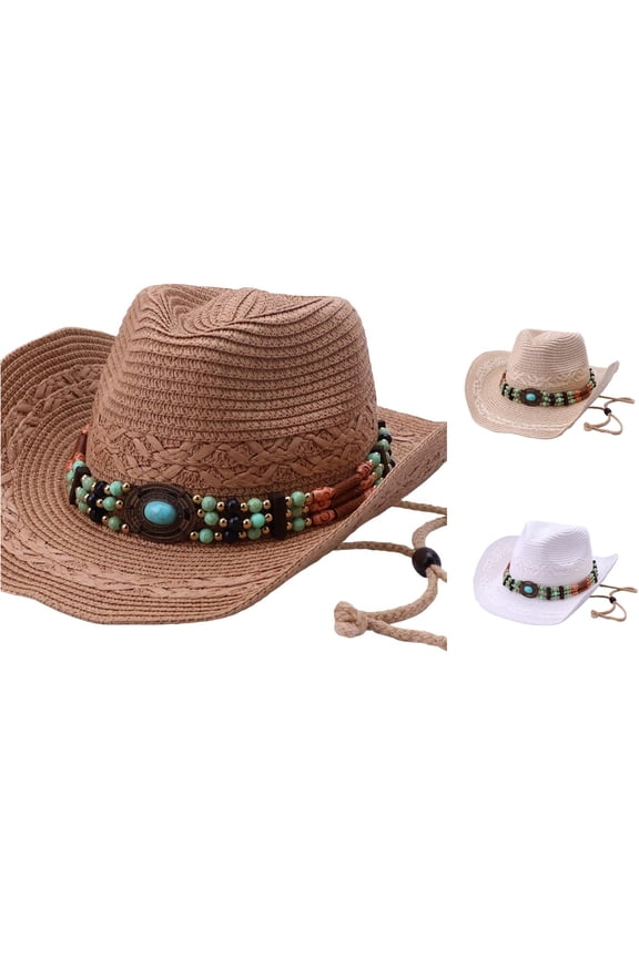 Boho Western Straw Cowboy Hat for Women, Beaded Band with Chin Strap, Panama Style UV Protection Sun Hat, 1 Piece, One Size