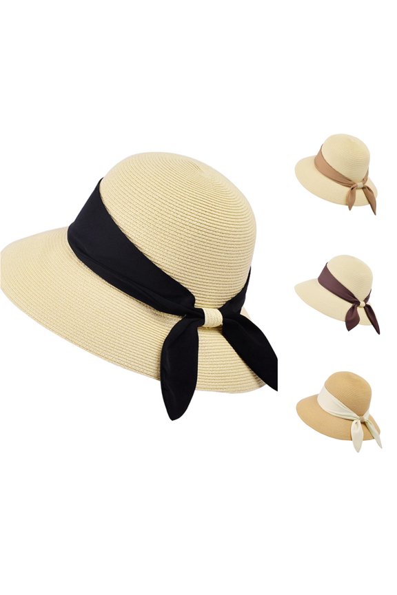 Bow Accent Straw Bucket Hat for Women, UPF 50+ UV Protection, Elegant Beach Vacation Sun Hat, 1 Piece, One Size