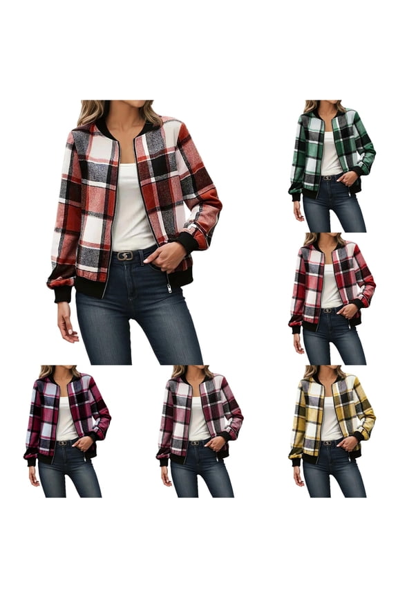 Brushed Plaid Zip Up Bomber Jacket for Women, Ribbed Collar Long Sleeve, Casual Commuter Fall Outerwear, 1 Piece, S-XXL, Plus Size Friendly