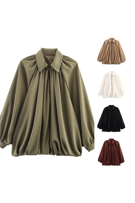 Collared Balloon Sleeve Bomber Jacket for Women, Zip Front Gathered Pleated, Elegant Casual Soft Woven Spring Fall Outerwear, 1 Piece, S-L
