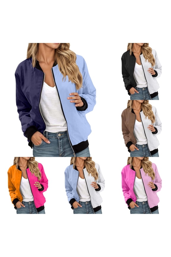 Color Block Cropped Bomber Jacket for Women, Full Zip Long Sleeve, Casual Athletic Fashion Outerwear, 1 Piece, XS-6XL, Plus Size Friendly