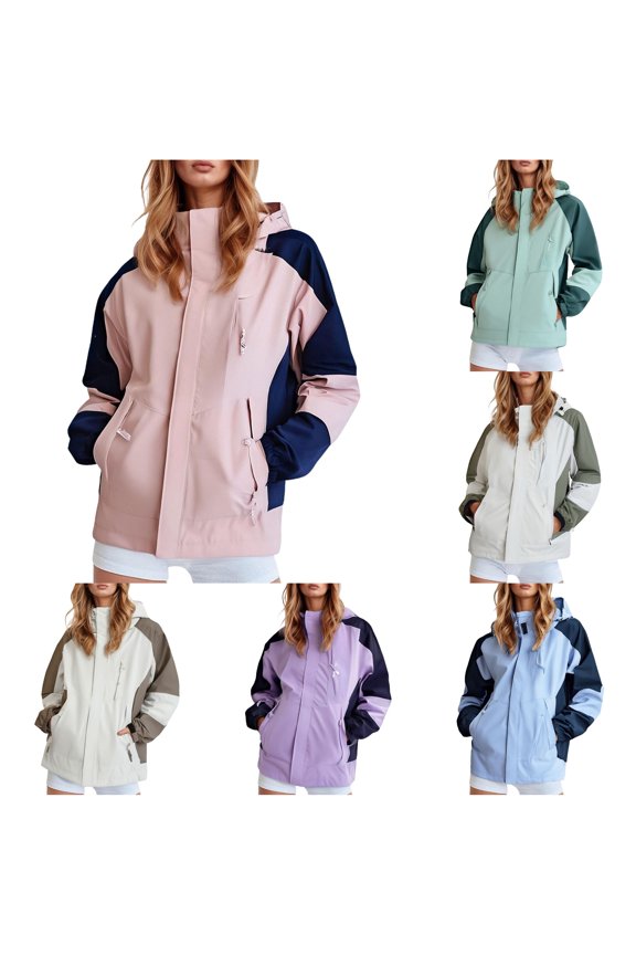 Color Block Hooded Windbreaker for Women, Lightweight Soft Shell, Water Resistant Outdoor Hiking Coat, 1 Piece, L-XXXXL, Plus Size Friendly