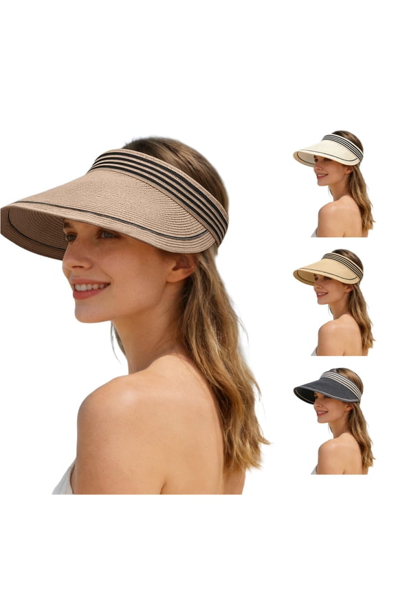 Color Block Straw Sun Visor for Women, Wide Brim Contrast Stripe, UPF 50+ UV Protection, 1 Piece, One Size