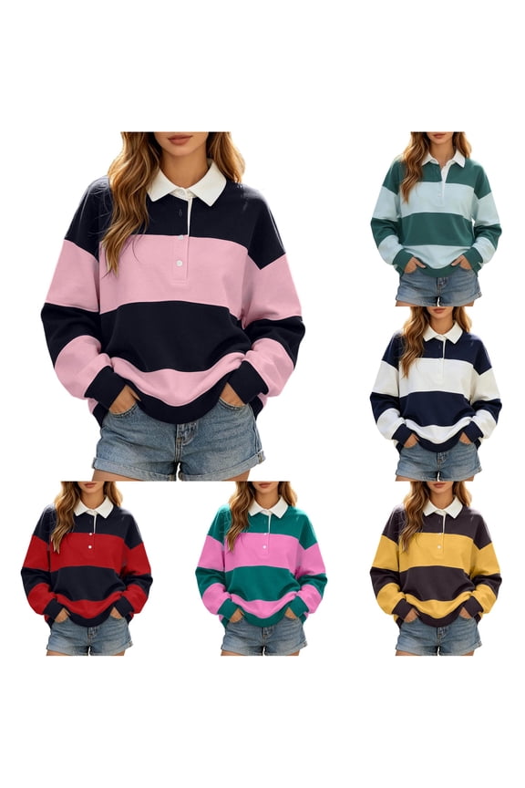 Color Block Stripe Polo Sweatshirt Women's Collared Button Oversized Long Sleeve Casual Layering Top 1PC S-XXXXXL Plus Size Friendly