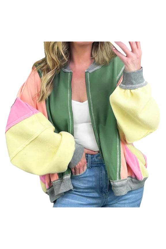 Color Block Y2K Bomber Jacket for Women, Oversized Zip Up, Retro Casual Fashion Outerwear, 1 Piece, S-XXL, Plus Size Friendly