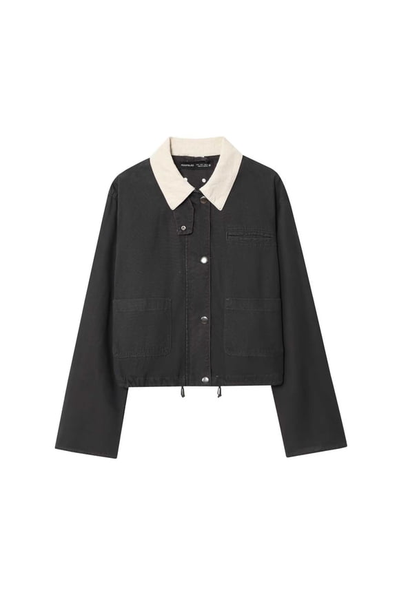 Contrast Collar Canvas Cropped Jacket for Women, Button Front Utility Style, Drawstring Hem Fall Outerwear, 1 Piece, XS-L