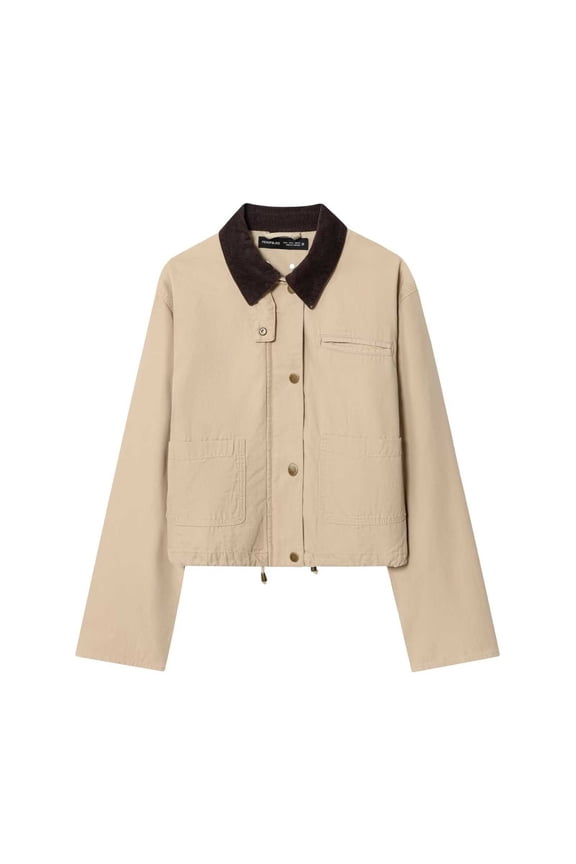 Contrast Collar Canvas Cropped Jacket for Women, Button Front Utility Style, Drawstring Hem Fall Outerwear, 1 Piece, XS-L