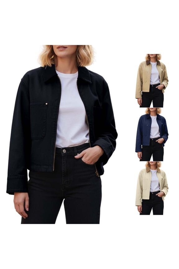 Contrast Collar Cotton Blend Cropped Jacket for Women, Full Zip Long Sleeve with Pockets, Casual Fall Fashion Outerwear, 1 Piece, S-XL
