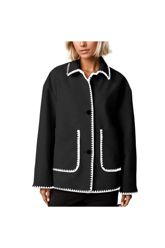Contrast Stitch Wool Blend Shirt Jacket for Women, Point Collar Button Front with Patch Pockets, Casual Fall Winter Outerwear, 1 Piece, S-XXL, Plus Size Friendly
