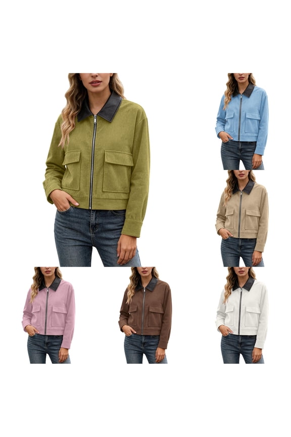 Corduroy Contrast Leather Collar Jacket for Women, Zip Front Cropped, Vintage Casual Outerwear with Pockets, 1 Piece, XS-L