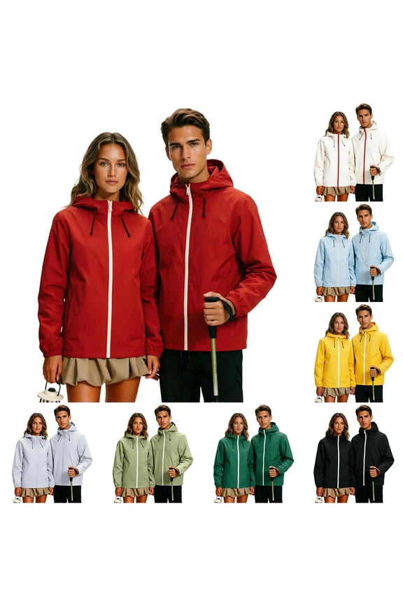 Couples Matching Lightweight Outdoor Windproof Jacket, T800 Polyester Hooded Zip Up Rain Coat Size M-4XL Plus Size Friendly