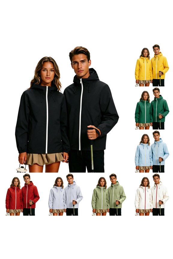Couples Matching Lightweight Outdoor Windproof Jacket, T800 Polyester Hooded Zip Up Rain Coat Size M-4XL Plus Size Friendly