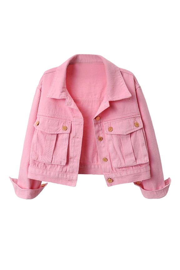 Cropped Denim Jacket for Women, Button Front Long Sleeve with Pockets, Casual Spring Fall Outerwear, 1 Piece, S-3XL, Plus Size Friendly