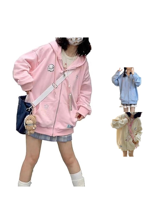 Cute Cartoon Star Embroidery Zip Up Hoodie Women's Oversized Drawstring Pocket Pastel Layering Jacket 1PC M-XXL Plus Size Friendly