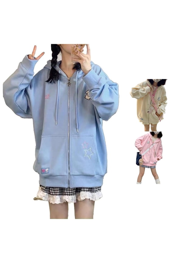Cute Cartoon Star Embroidery Zip Up Hoodie Women's Oversized Drawstring Pocket Pastel Layering Jacket 1PC M-XXL Plus Size Friendly