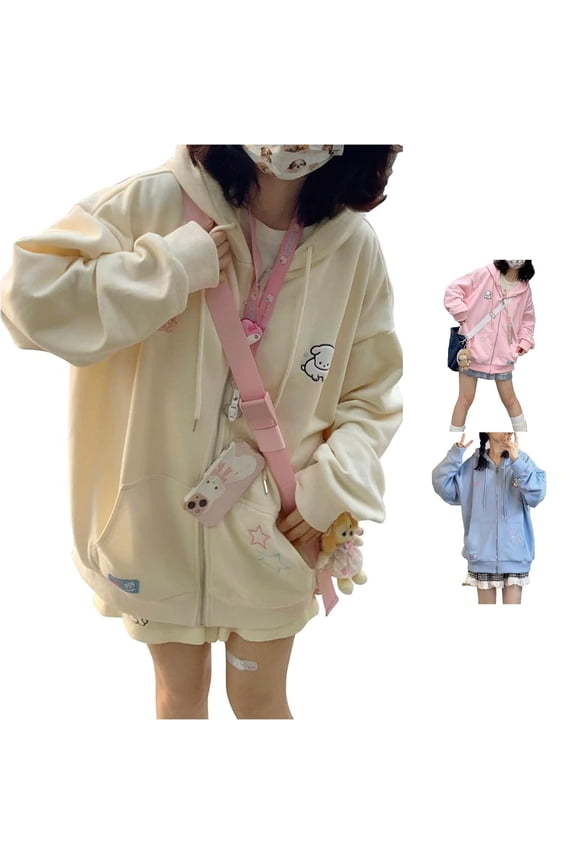Cute Cartoon Star Embroidery Zip Up Hoodie Women's Oversized Drawstring Pocket Pastel Layering Jacket 1PC M-XXL Plus Size Friendly