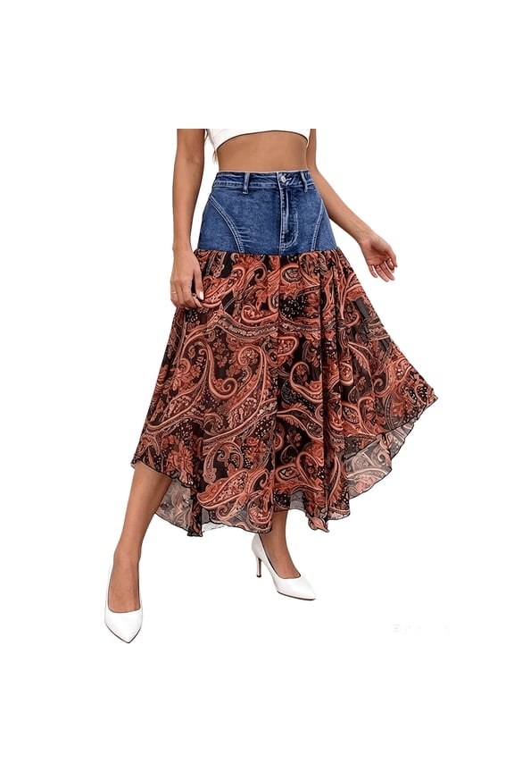 Denim Chiffon Patchwork Paisley Print Midi Skirt Women High Waist Irregular Asymmetrical A Line Long Skirt 1PC S-XXL Plus Size Friendly